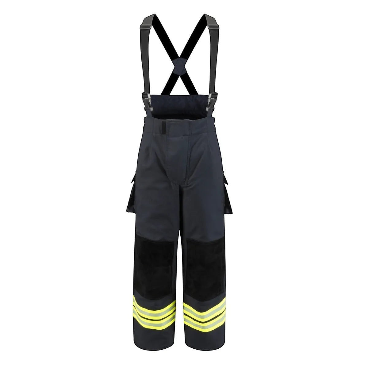Pantalón de bombero GERF SAFETY azul marino con tirantes, rodilleras reforzadas y bandas reflectantes 3M certificadas