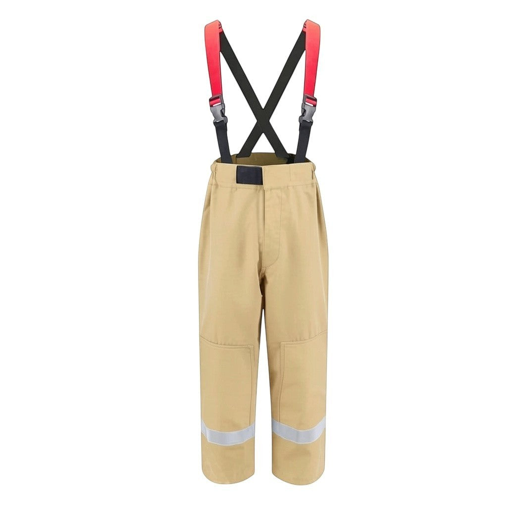Pantalones de bombero GERF SAFETY color beige con tirantes rojos ajustables, diseño resistente y bandas reflectantes.