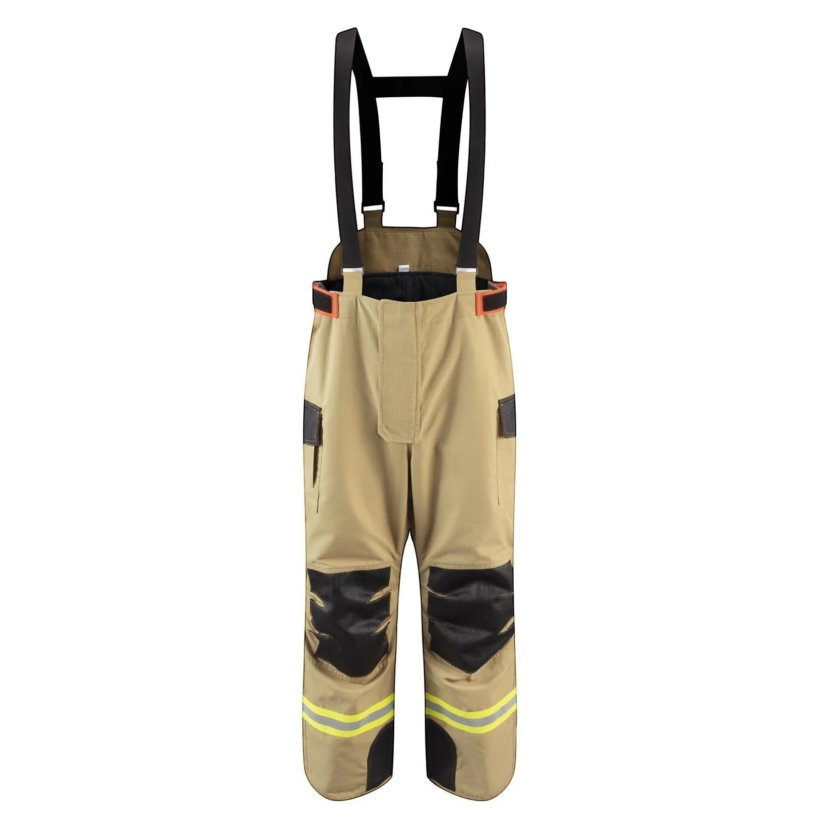 Pantalón de bombero GERF SAFETY color caqui con refuerzos negros en rodillas, tirantes ajustables y cintas reflectantes.