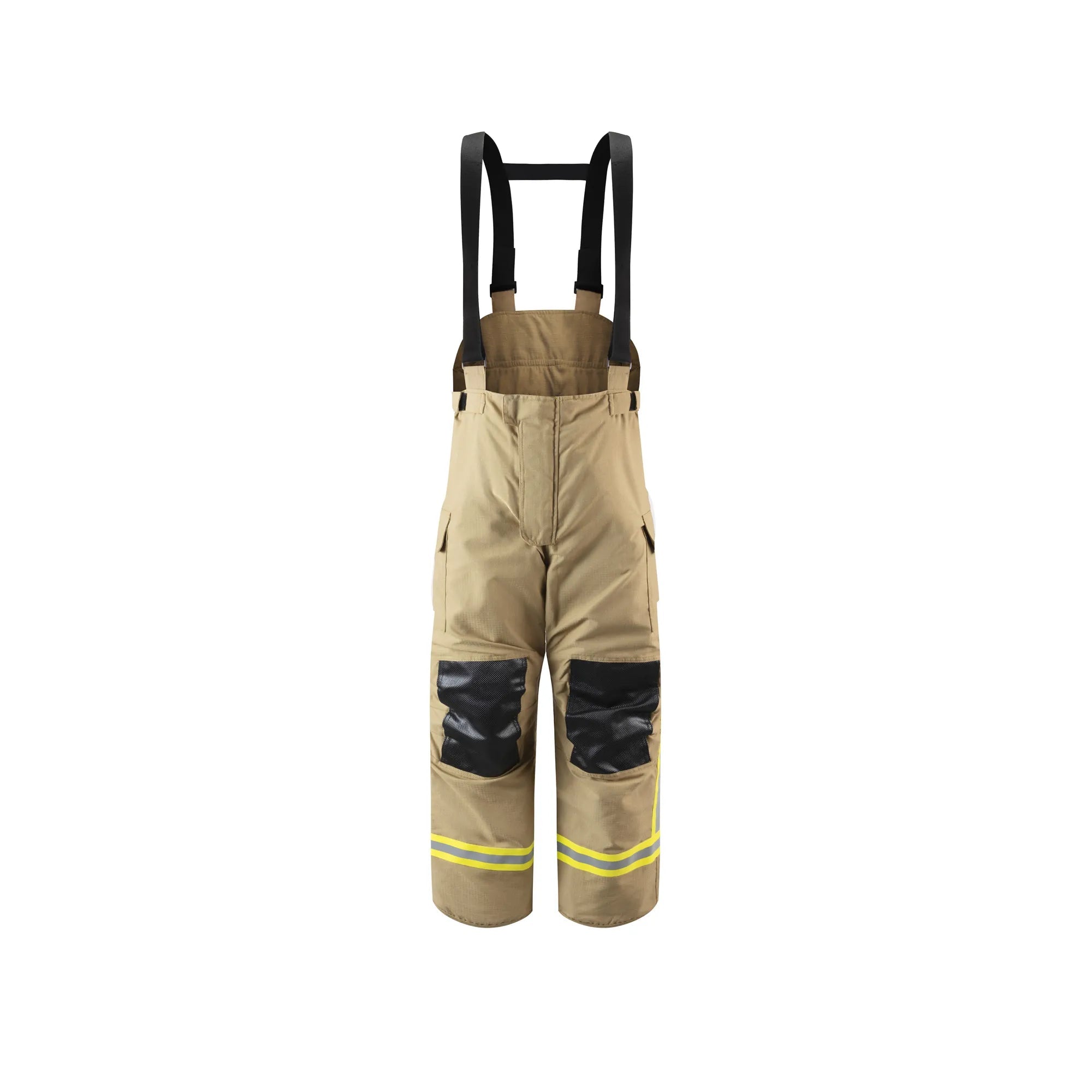 Pantalón de bombero GERF SAFETY color caqui con tirantes, refuerzos en rodillas y cintas reflectantes de alta visibilidad.