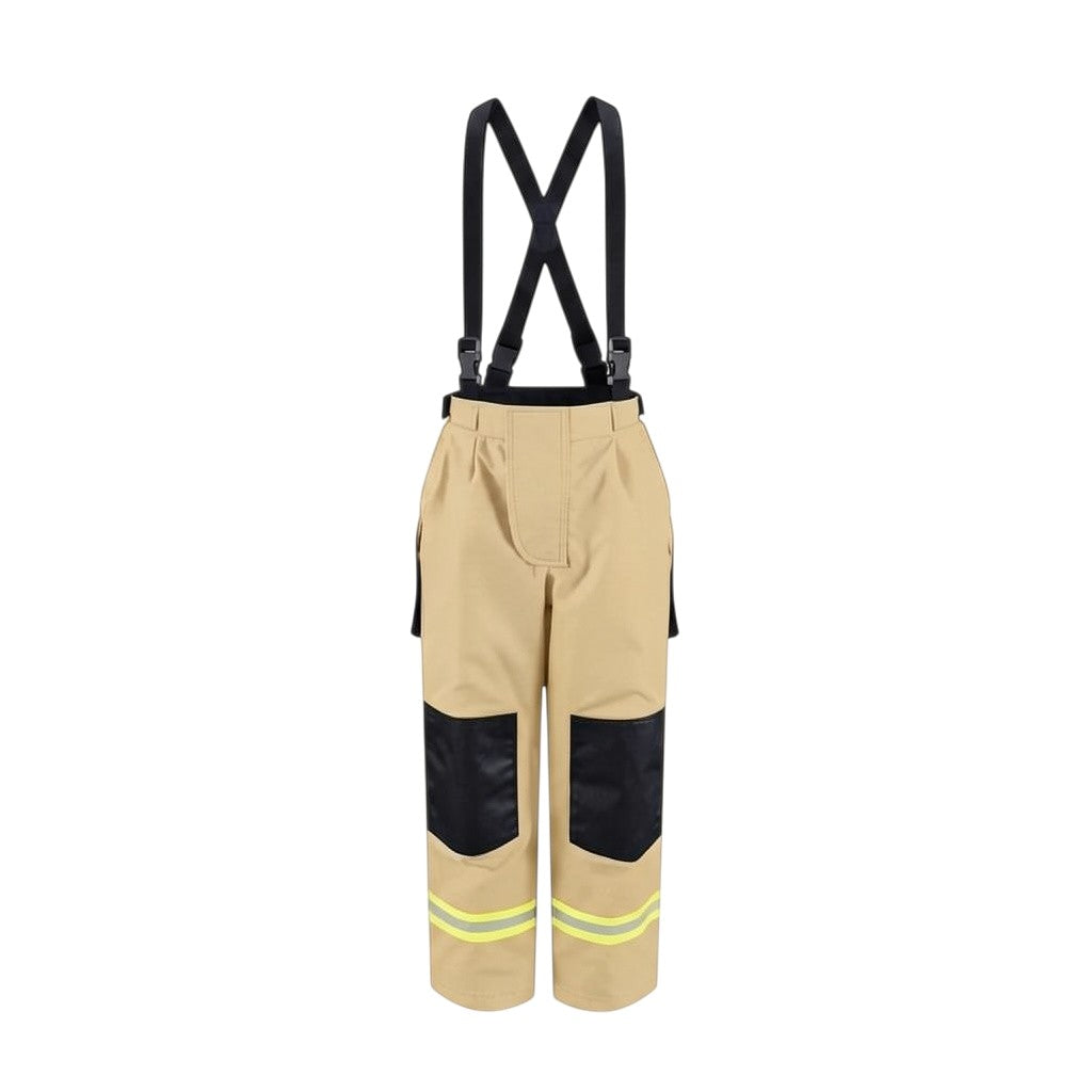 Pantalones de bombero GERF SAFETY color caqui con tirantes negros, refuerzos en rodillas y bandas reflectantes de seguridad.