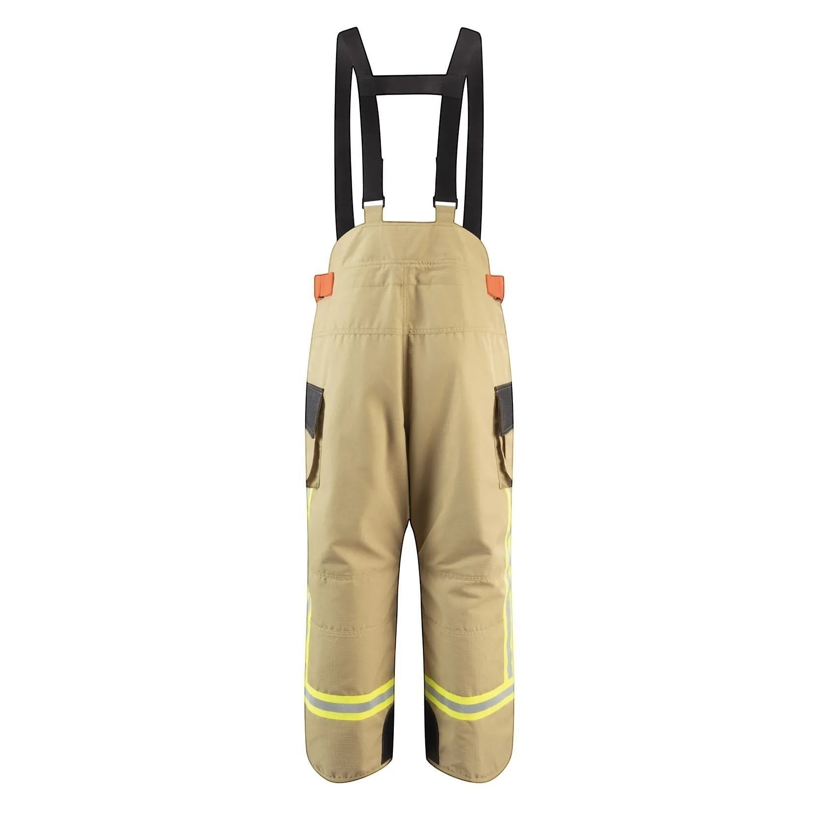 Pantalón de bombero GERF SAFETY Blaze Fire color caqui con tirantes, fabricado en Nomex resistente al fuego.