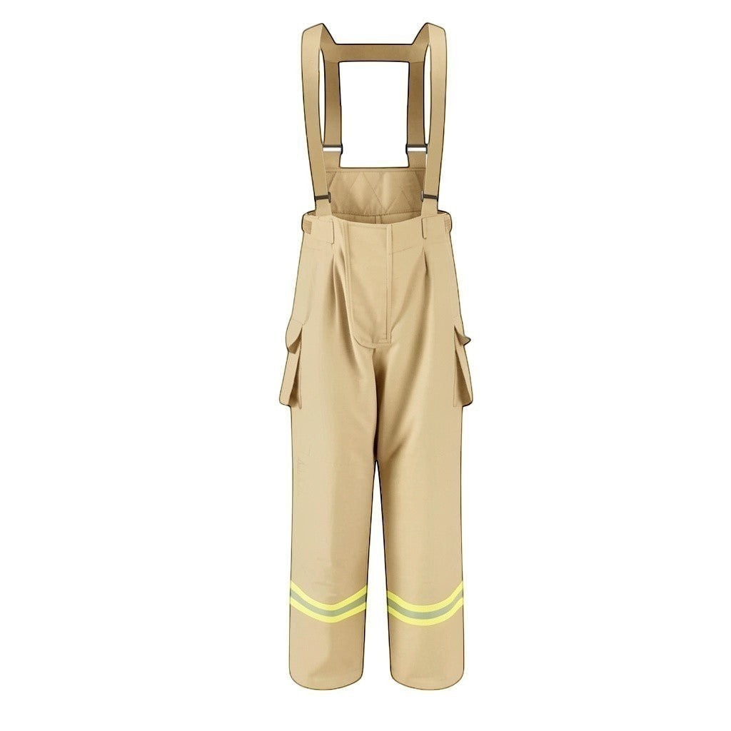 Pantalones de bombero GERF SAFETY color caqui con tirantes ajustables, bandas reflectantes y diseño resistente al fuego.