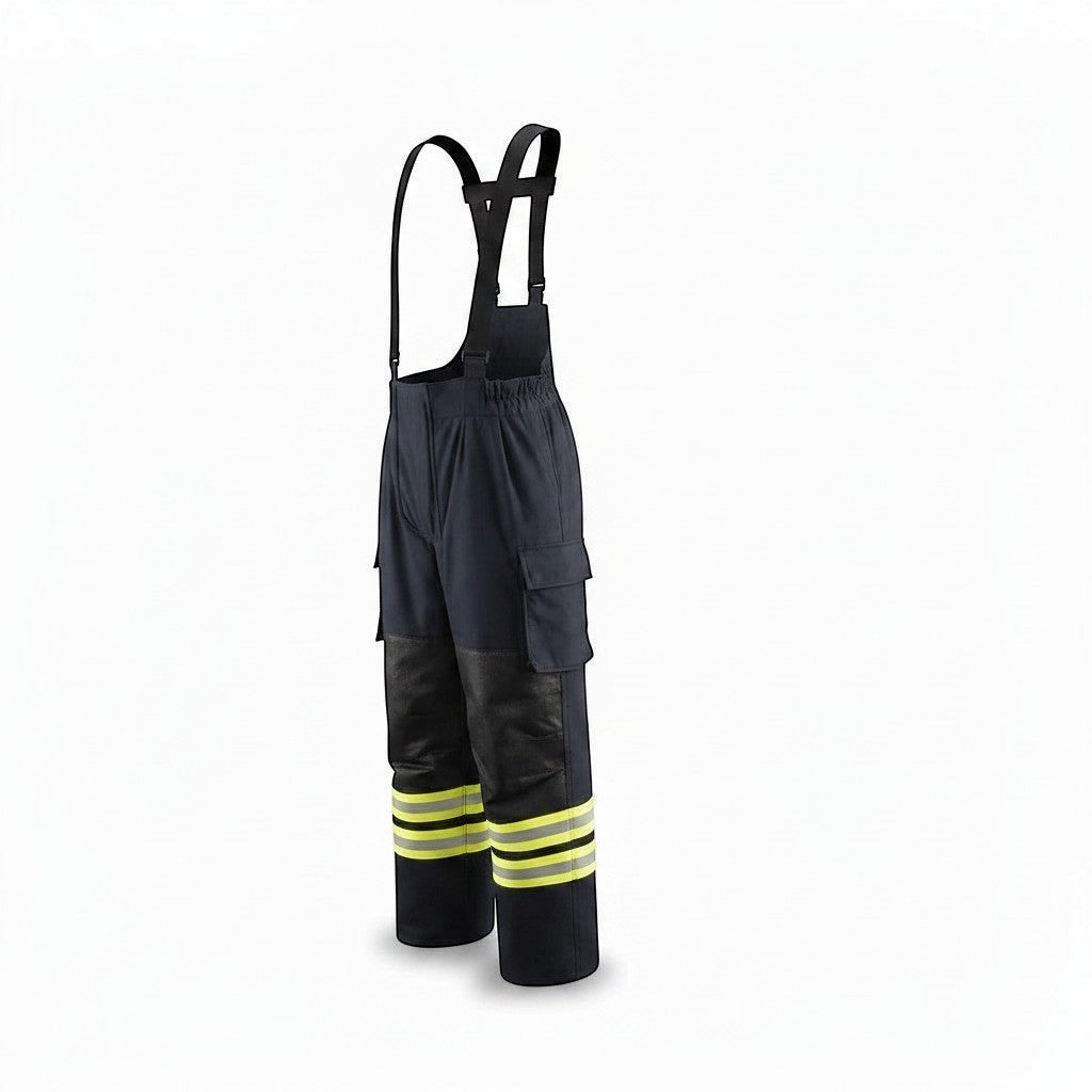 Pantalones de bombero GERF SAFETY Falcon Fire azul marino con tirantes, refuerzos en rodillas y cintas reflectantes 3M