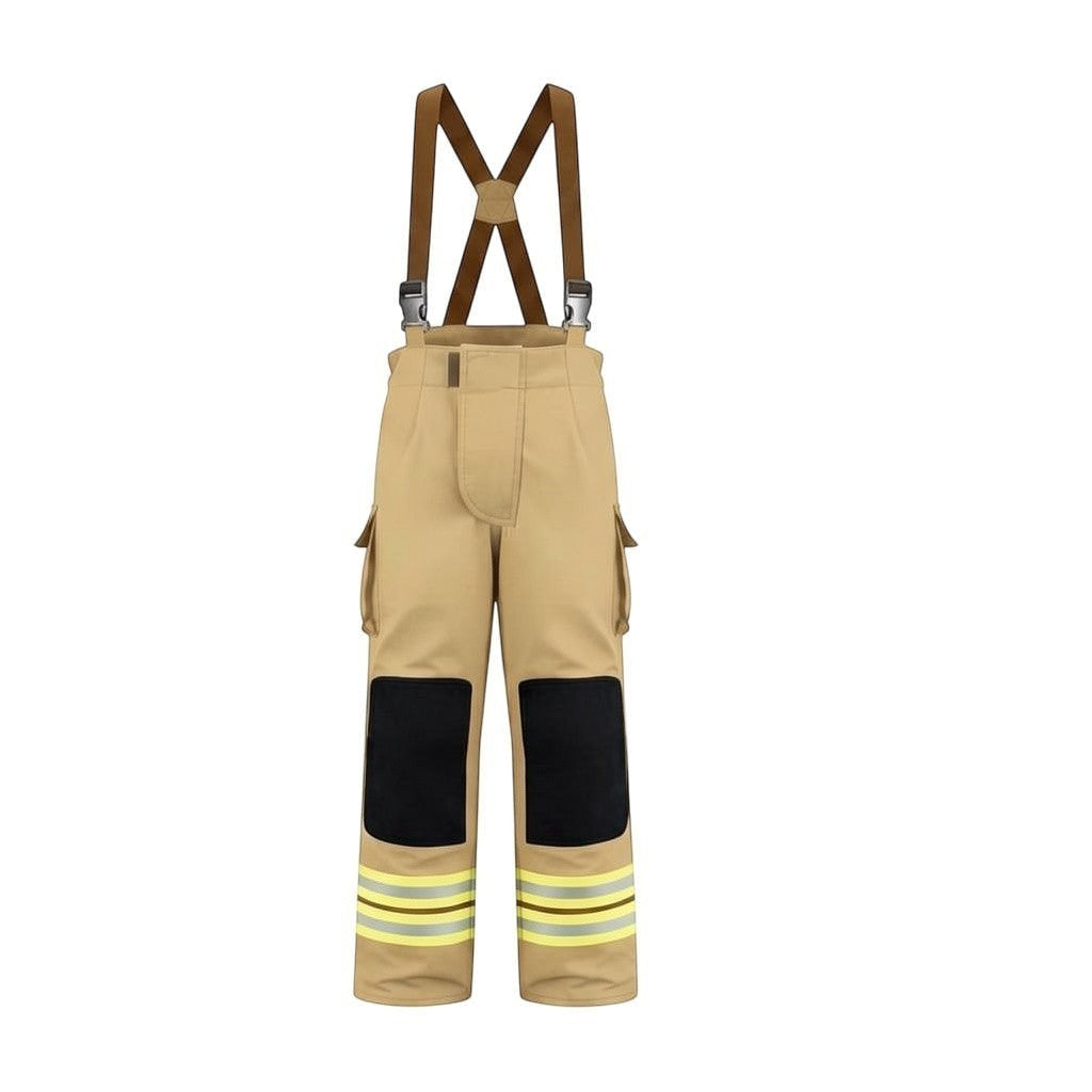 Pantalones de bombero GERF SAFETY color khaki con tirantes, rodilleras reforzadas y bandas reflectantes certificadas EN 469