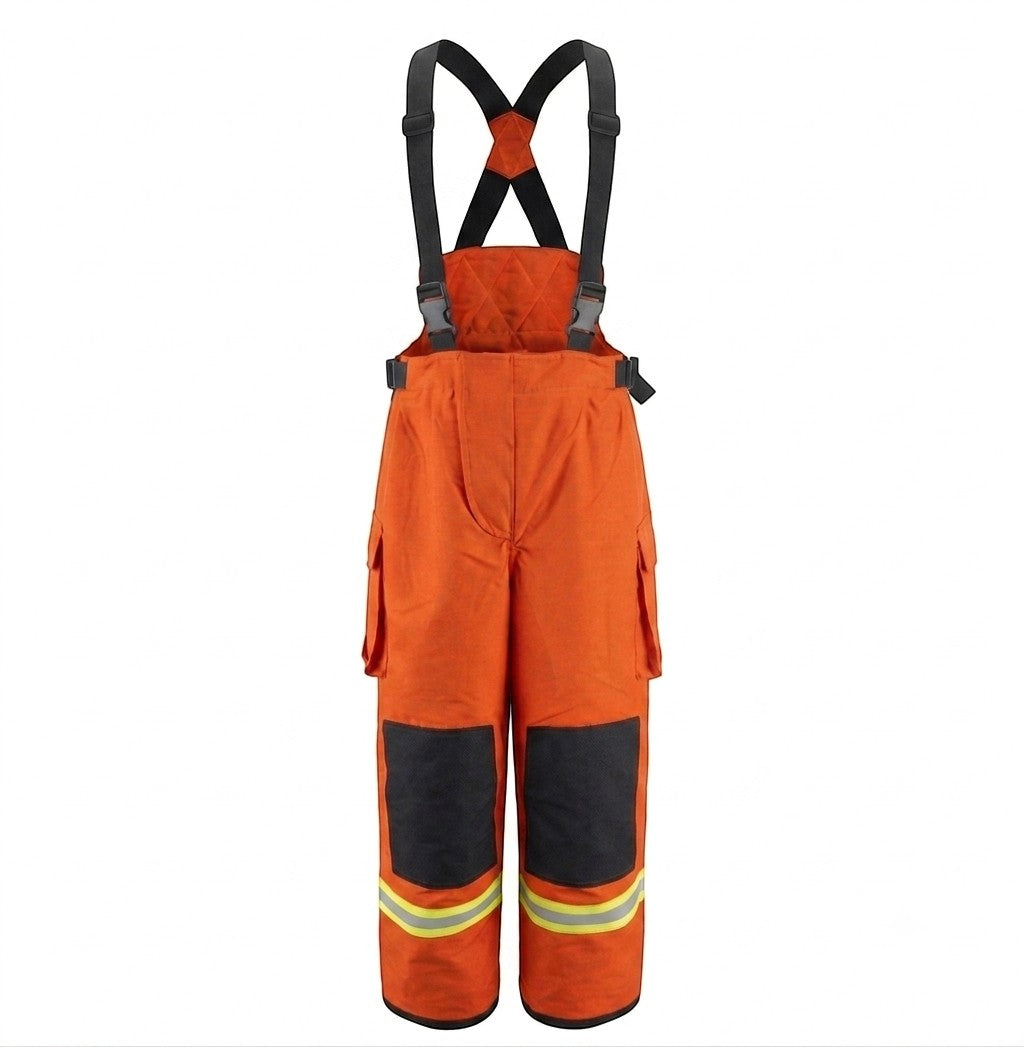 Pantalón de bombero naranja GERF SAFETY con tirantes, refuerzos en rodillas y bandas reflectantes 3M, norma EN 469:2020.
