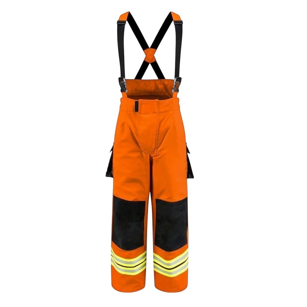 Pantalón de bombero naranja GERF SAFETY con tirantes, rodilleras reforzadas y bandas reflectantes 3M, certificado EN 469.
