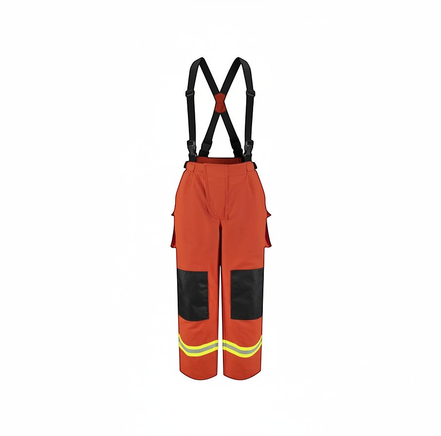 Pantalones de bombero GERF SAFETY color naranja con tirantes, refuerzos en rodillas y bandas reflectantes EN 469:2020
