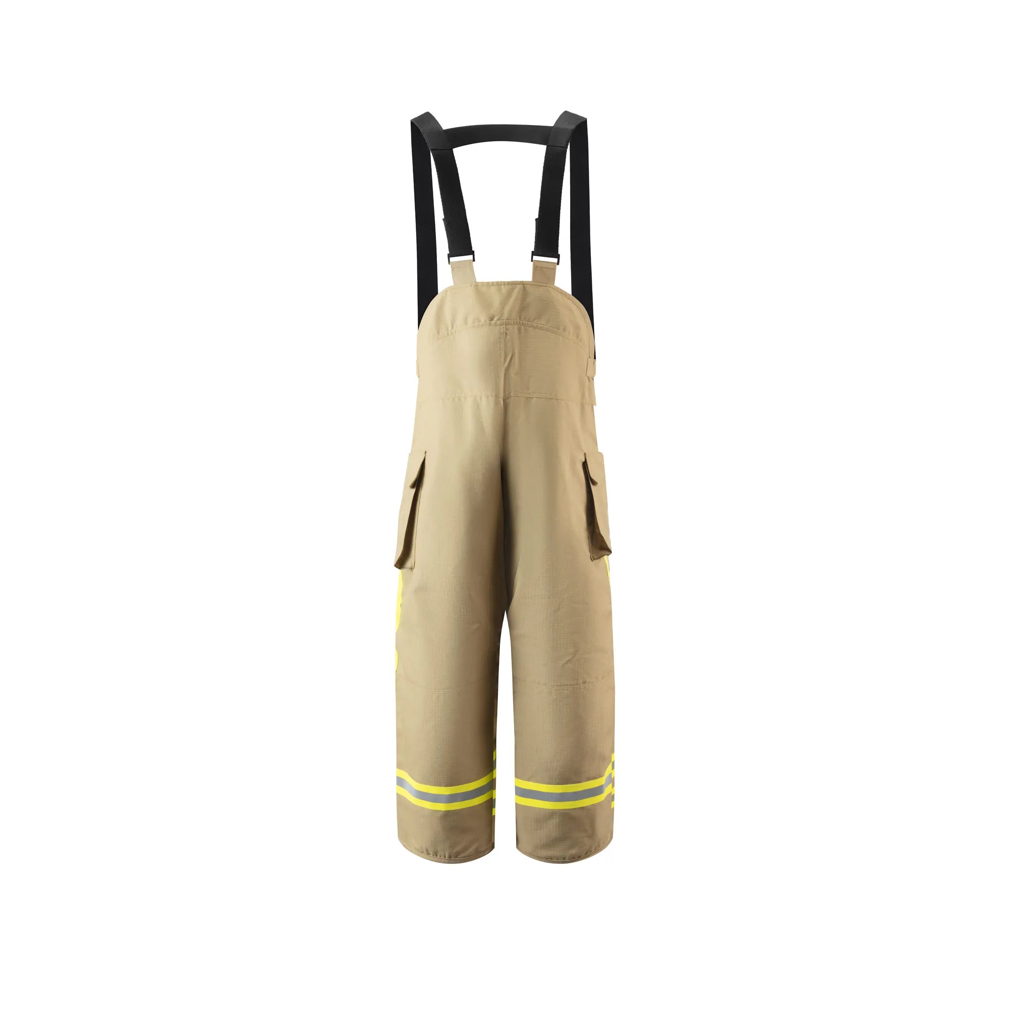 Pantalón de bombero GERF SAFETY color caqui con tirantes, fabricado en Nomex IIIA con bandas reflectantes 3M.