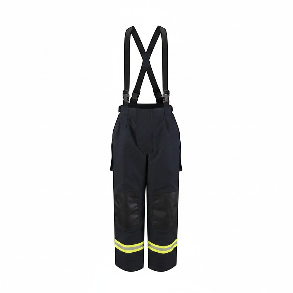 Pantalones de bombero GERF SAFETY azul marino con tirantes, refuerzos en rodillas y bandas reflectantes EN 469:2020.