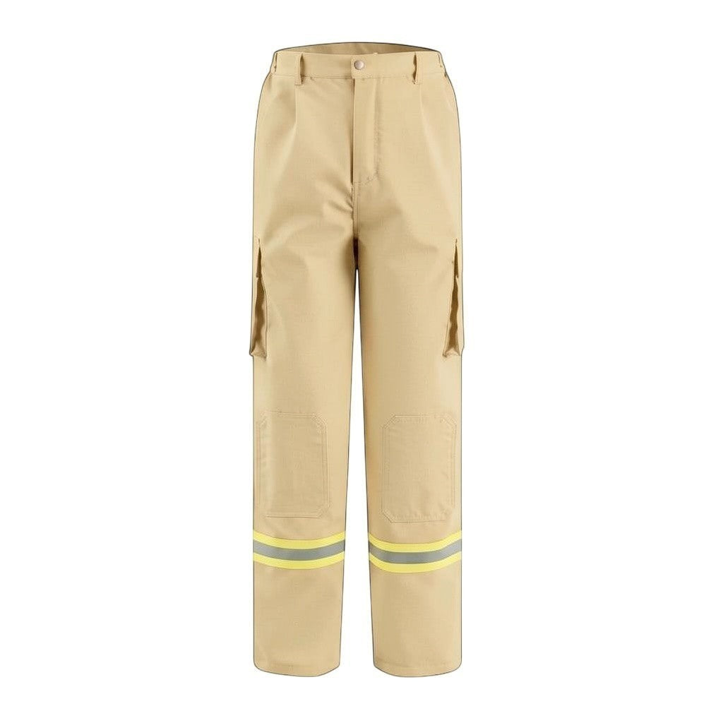 Pantalones de combate forestal GERF SAFETY en color beige con rodillas reforzadas y bandas reflectantes 3M de alta visibilidad.