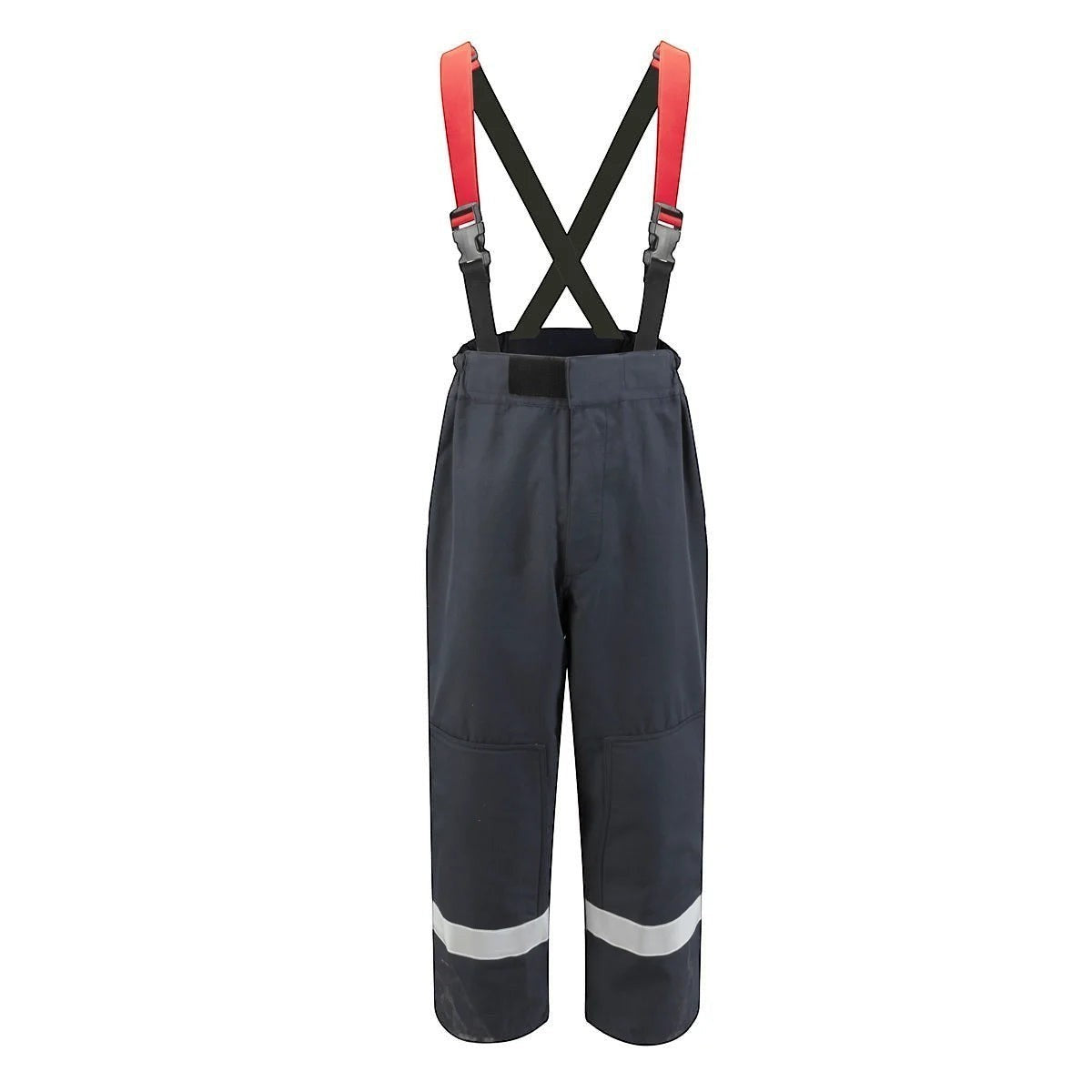 Pantalones de bombero GERF SAFETY azul navy con tirantes rojos ajustables, diseño de 4 capas certificado EN469.