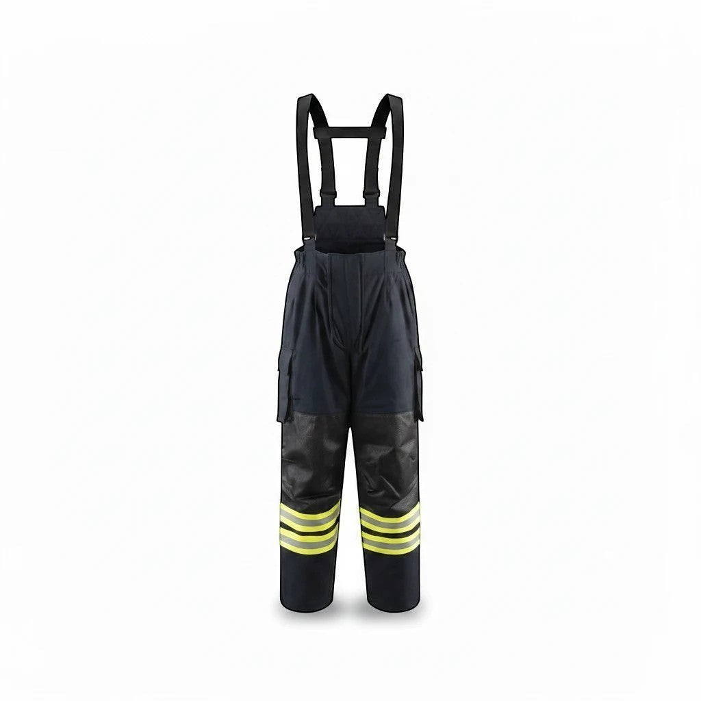 Pantalones de bombero GERF SAFETY Falcon Fire azul navy con tirantes, refuerzos en rodillas y bandas reflectantes 3M.