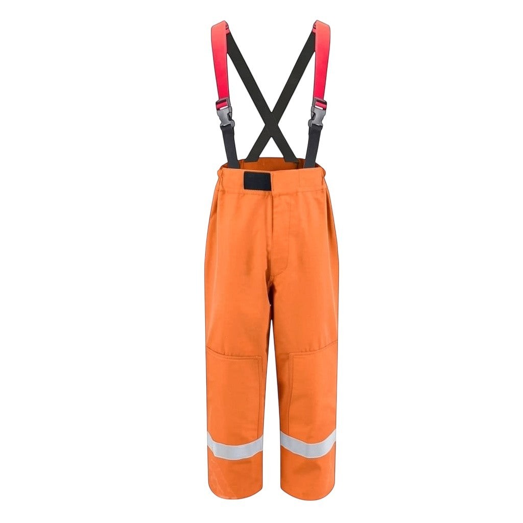Pantalones de bombero GERF SAFETY color naranja con tirantes, 4 capas, resistentes al fuego y con bandas reflectantes.