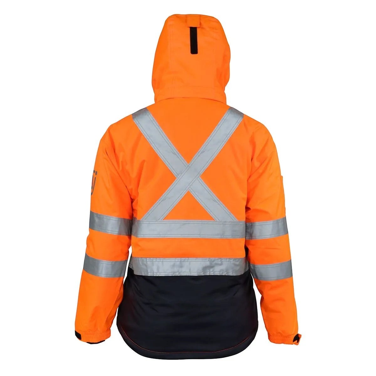 Vista trasera de la parka térmica GERF SAFETY naranja y azul con bandas reflectantes 3M Scotchlite y capucha