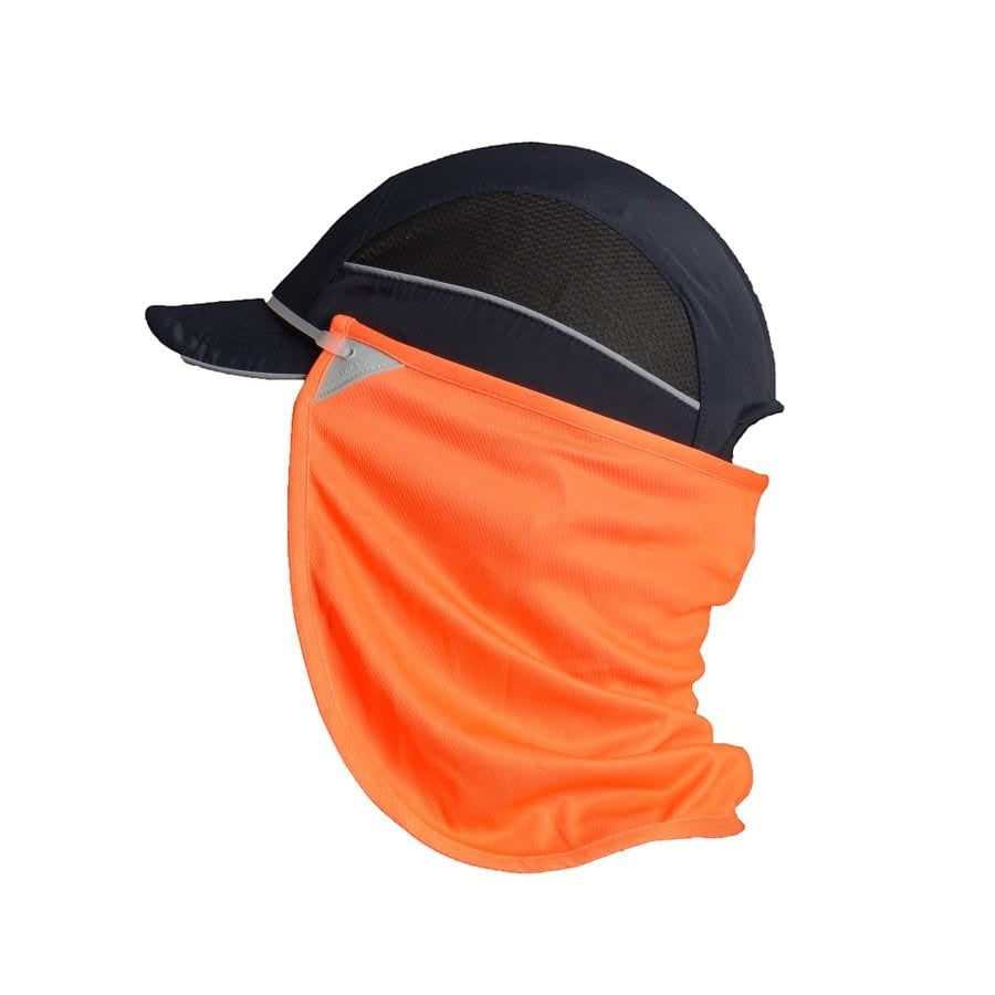Protector de nuca naranja GERF SAFETY con protección UV 50+ y efecto refrescante, compatible con cascos de seguridad.