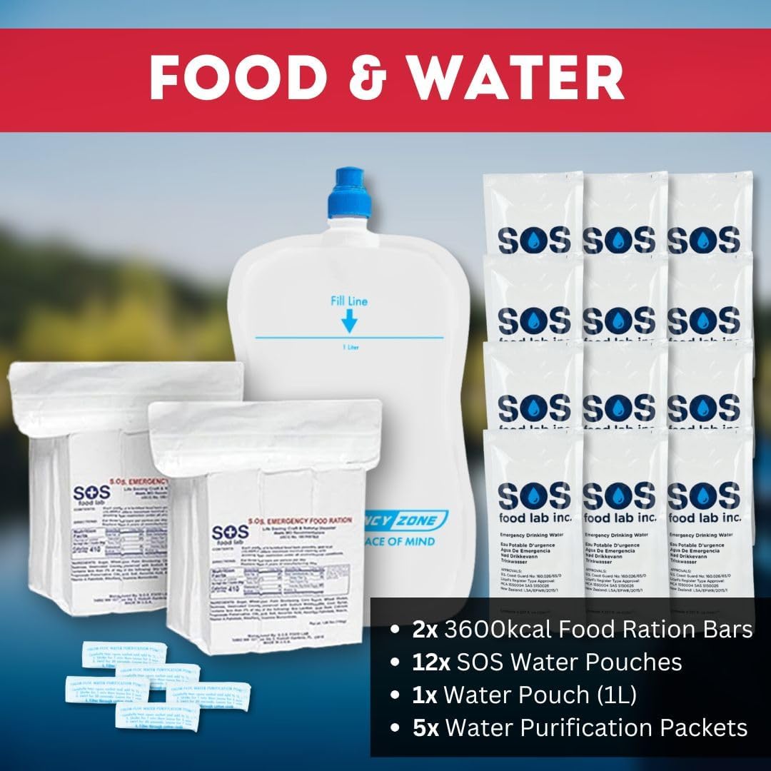 Raciones de comida y agua de emergencia GERF SAFETY con bolsas de agua y purificadores para kit de supervivencia