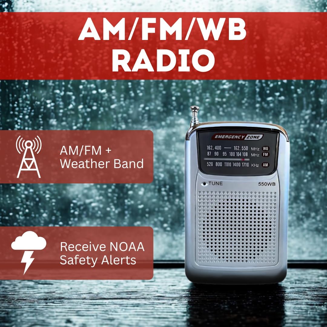 Radio de emergencia GERF SAFETY AM FM WB con alertas meteorológicas NOAA sobre una superficie mojada