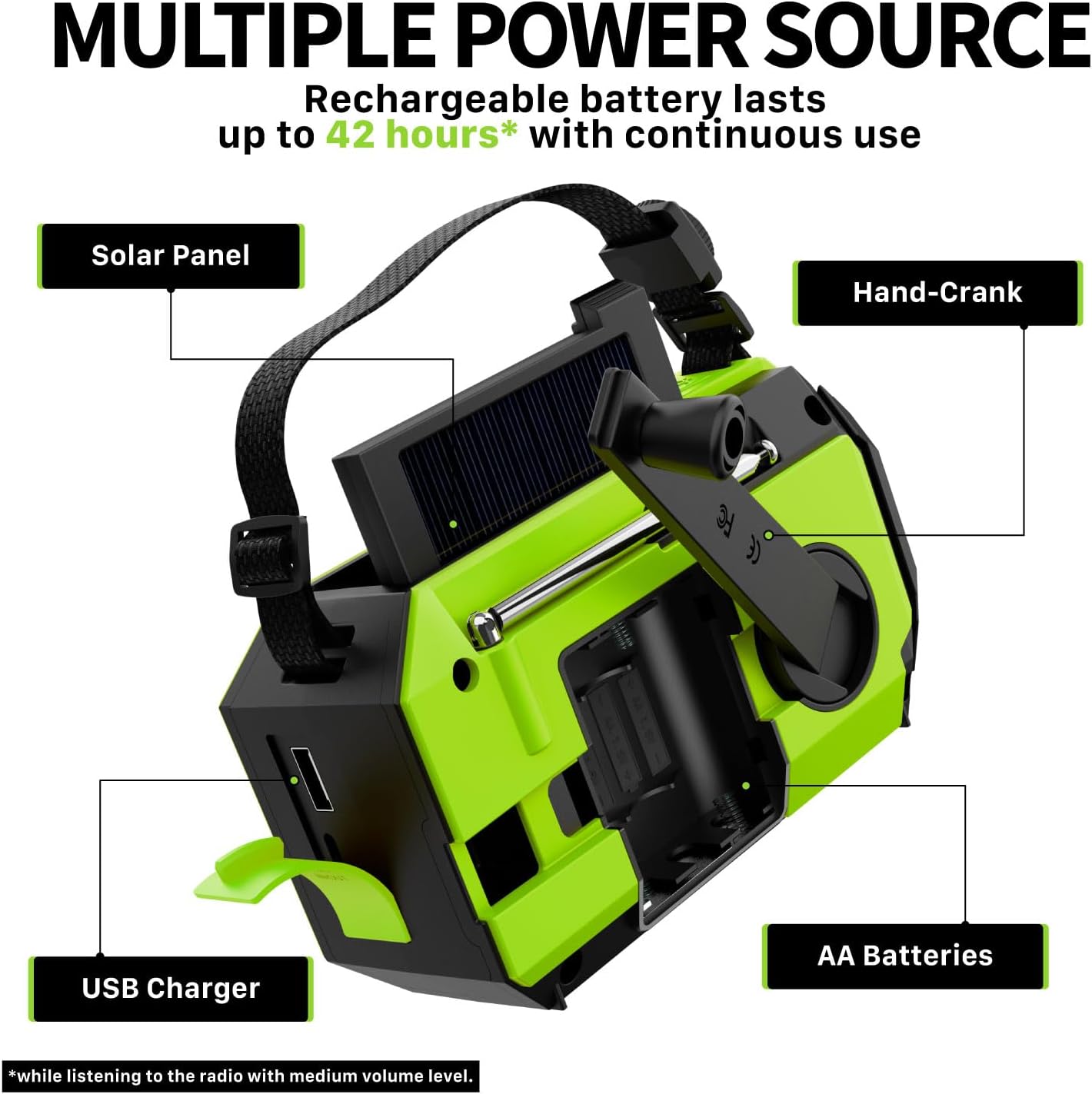 Radio de emergencia GERF SAFETY verde con panel solar, manivela, carga USB y compartimento para pilas AA.