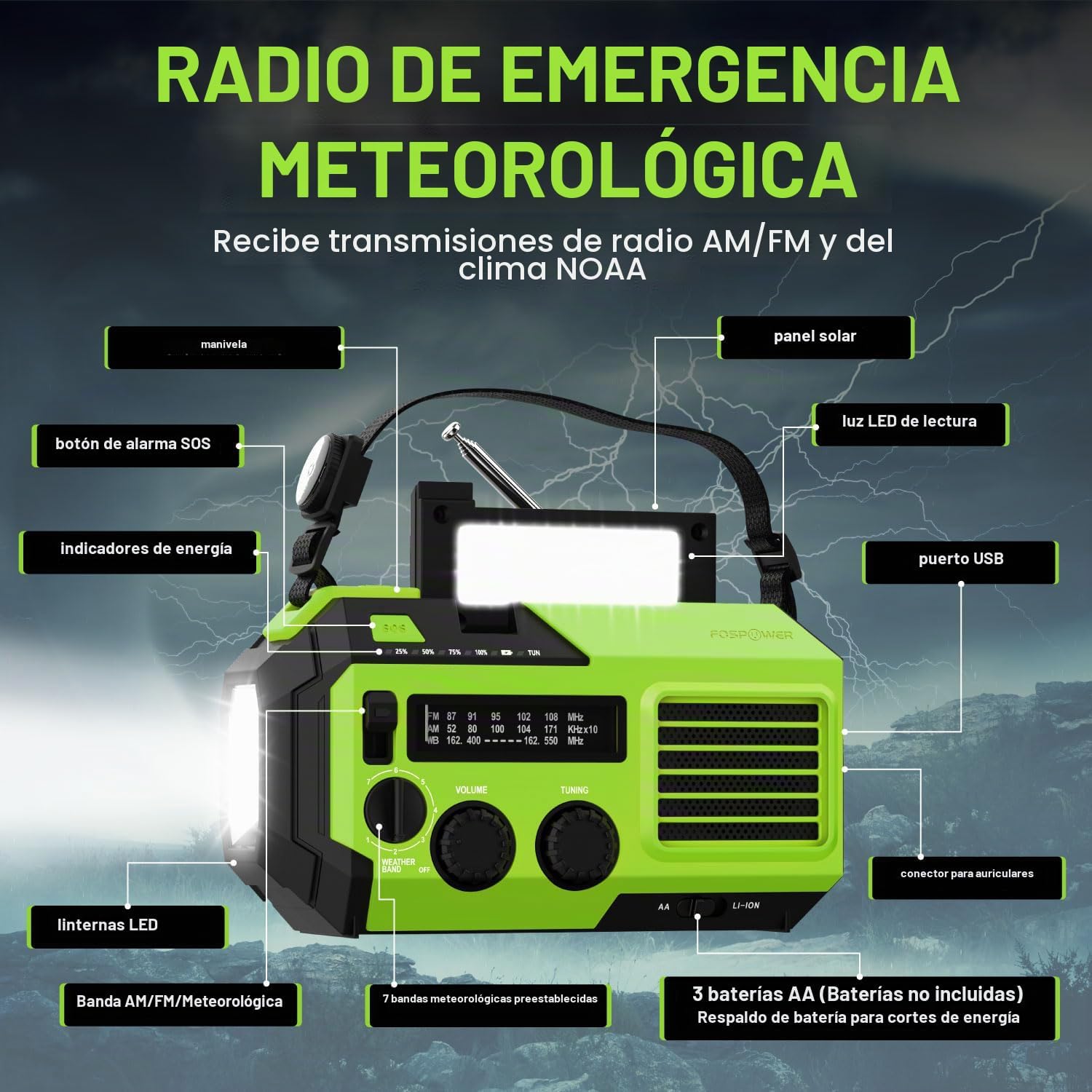 Radio de emergencia verde GERF SAFETY con panel solar, manivela, linterna LED, alarma SOS y recepción AM/FM/NOAA.