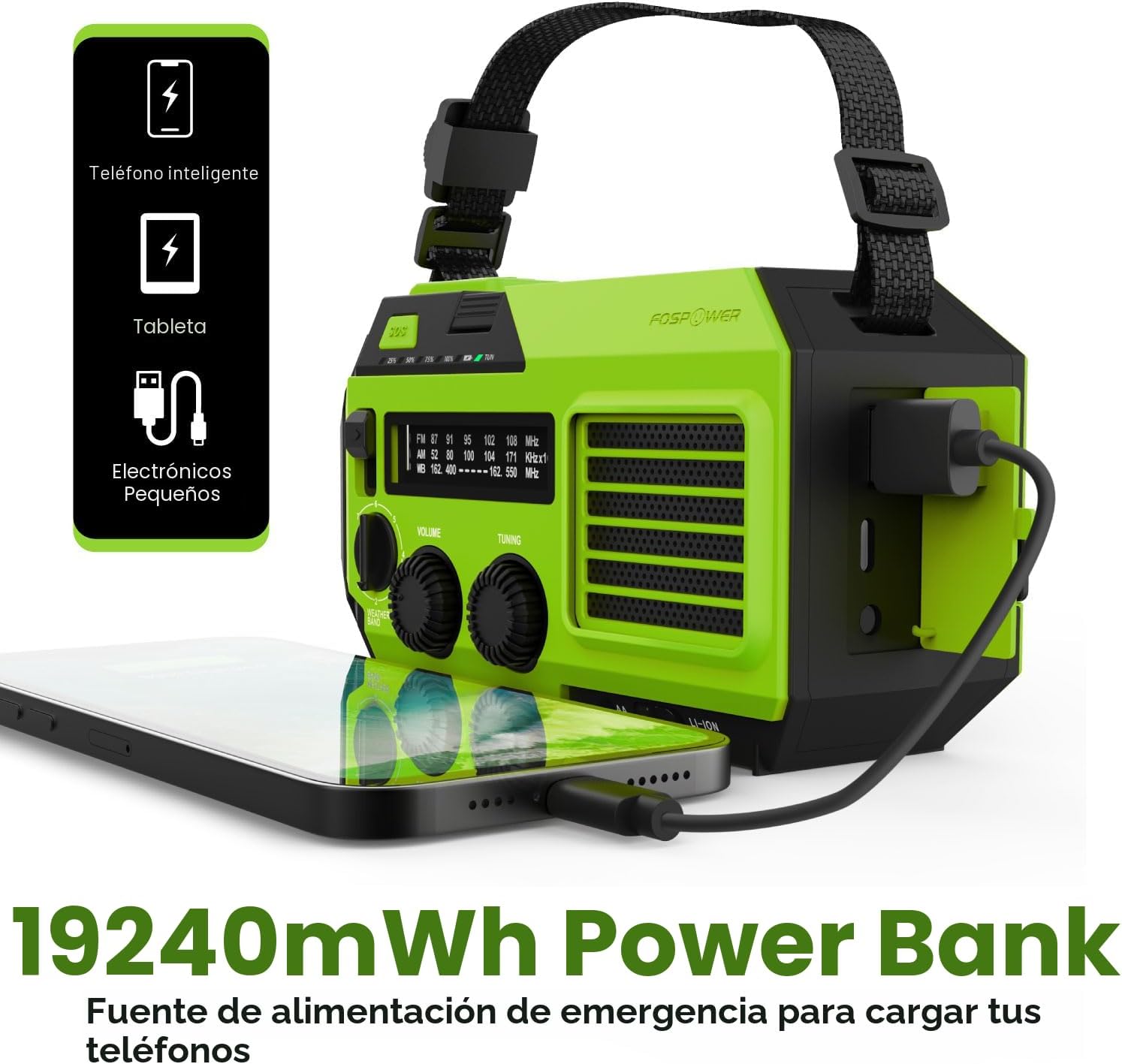 Radio meteorológica de emergencia GERF SAFETY verde con power bank integrado cargando un smartphone
