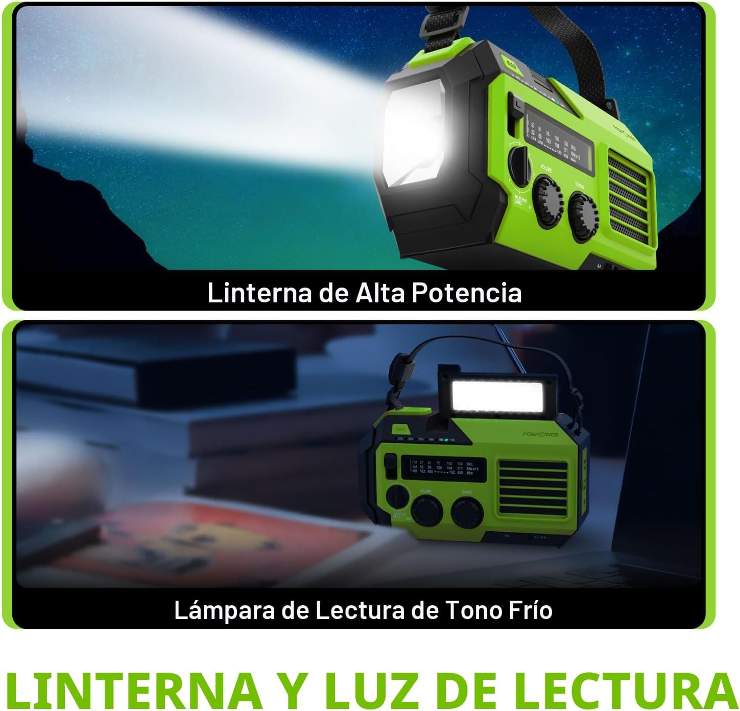 Radio de emergencia verde GERF SAFETY con linterna LED brillante y luz de lectura integrada para situaciones de crisis.