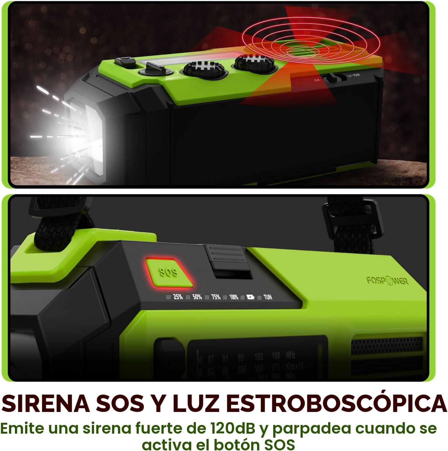 Radio de emergencia GERF SAFETY verde con linterna LED, alarma SOS y luz estroboscópica para situaciones de rescate.