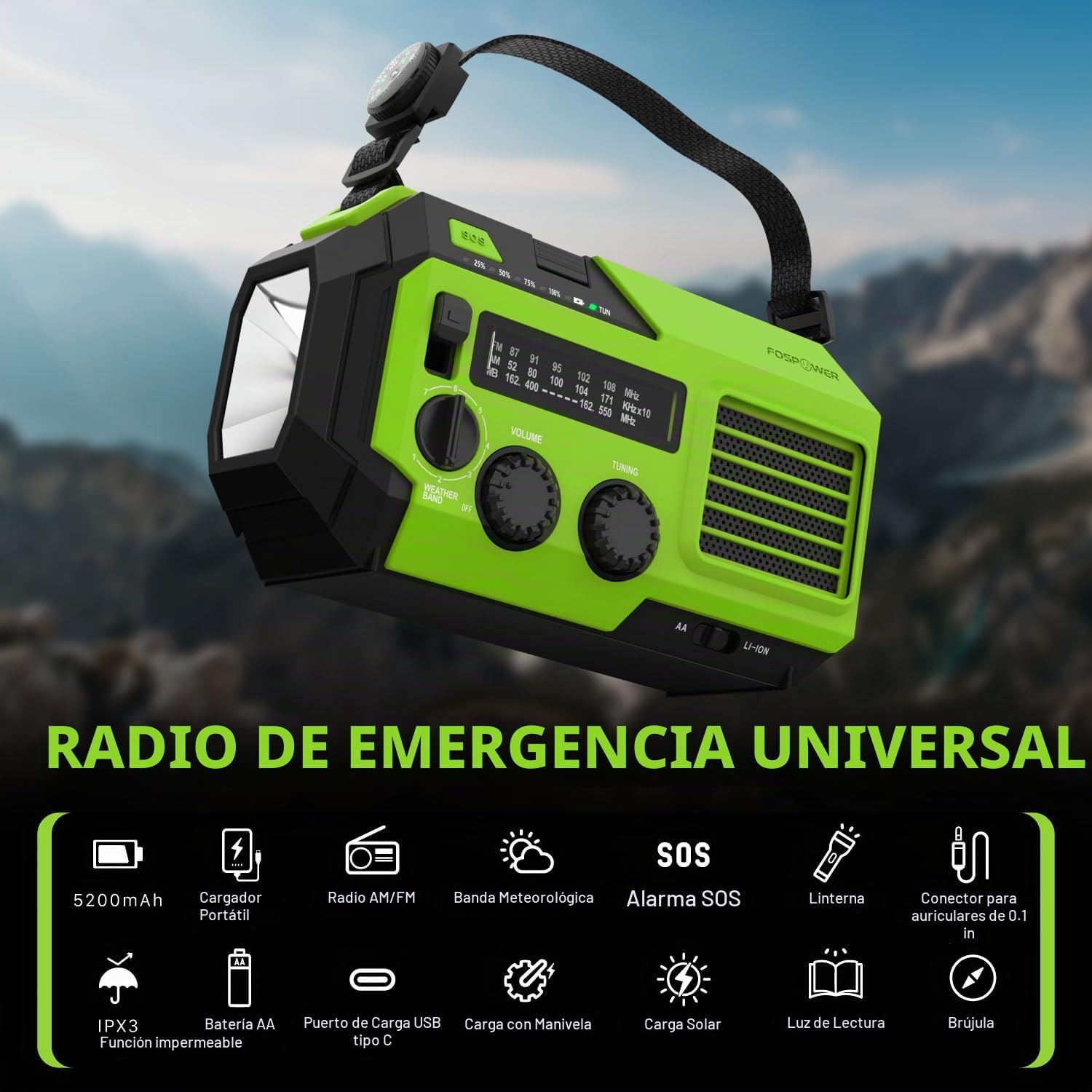 Radio de emergencia GERF SAFETY verde con linterna, panel solar, manivela y radio AM/FM/NOAA para supervivencia.