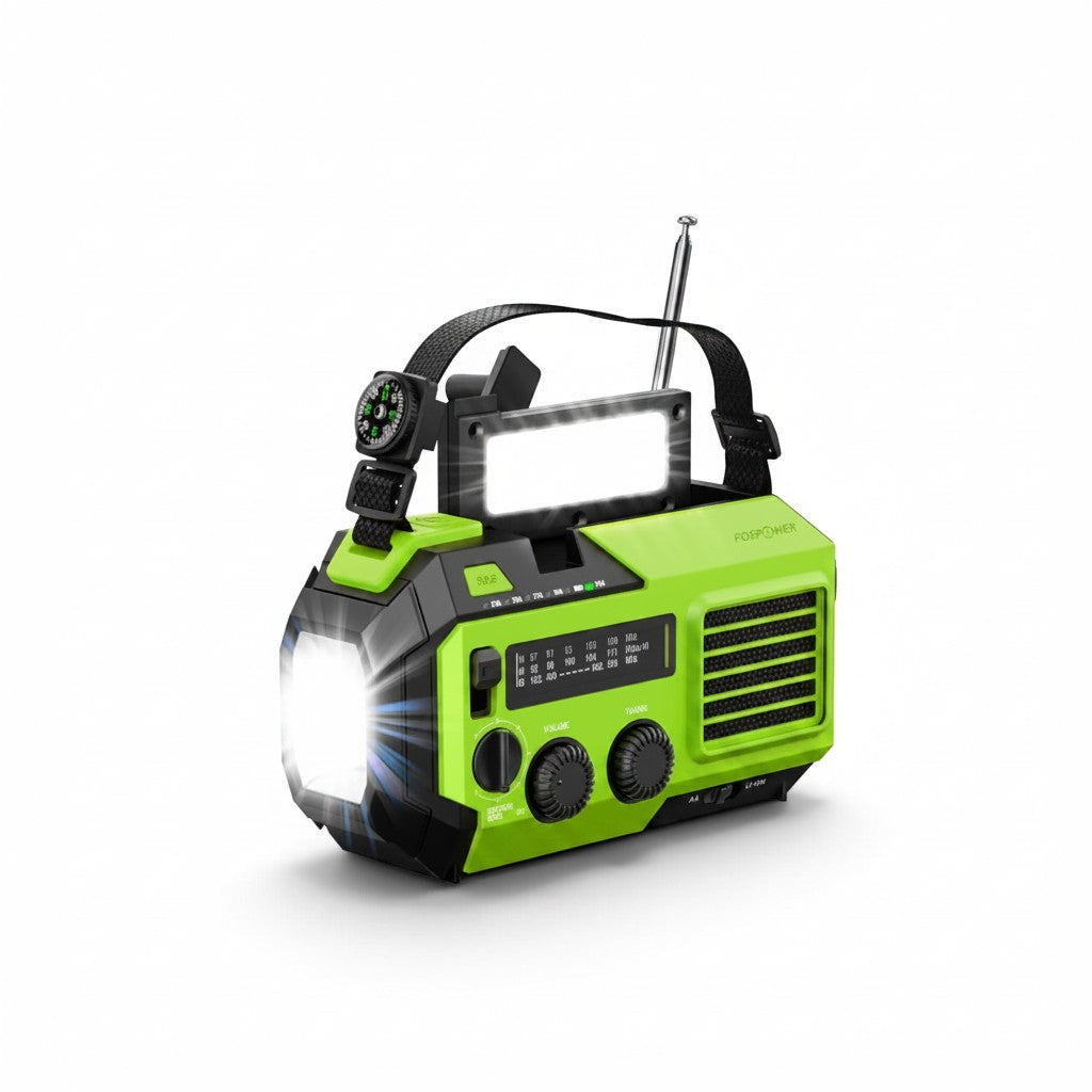 Radio de emergencia GERF SAFETY verde con linterna LED, luz de lectura, manivela y panel solar para alertas NOAA.