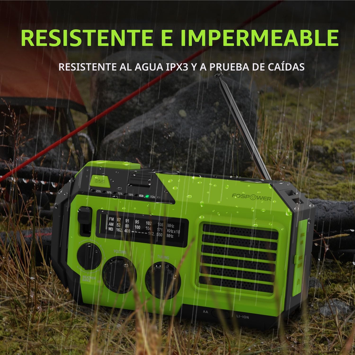 Radio meteorológica de emergencia GERF SAFETY verde con panel solar, manivela y linterna, resistente al agua y caídas.