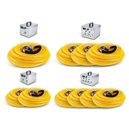 Equipo de respiración GERF SAFETY con soplador eléctrico de acero inoxidable y tubos amarillos de poliuretano.