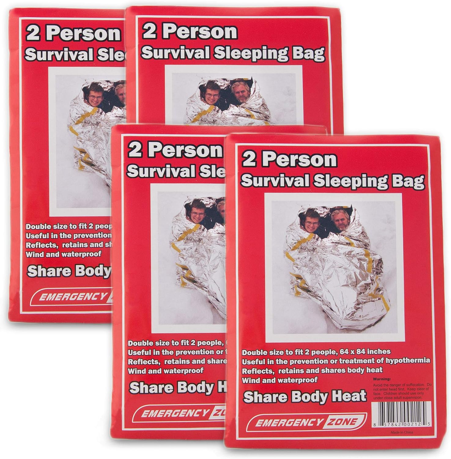 Tres paquetes rojos de saco de dormir de emergencia GERF SAFETY para dos personas con material Mylar plateado.