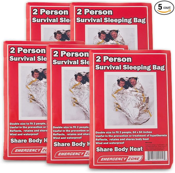 GERF SAFETY paquete de 5 sacos de dormir de emergencia plateados de Mylar para 2 personas, resistentes y compactos.