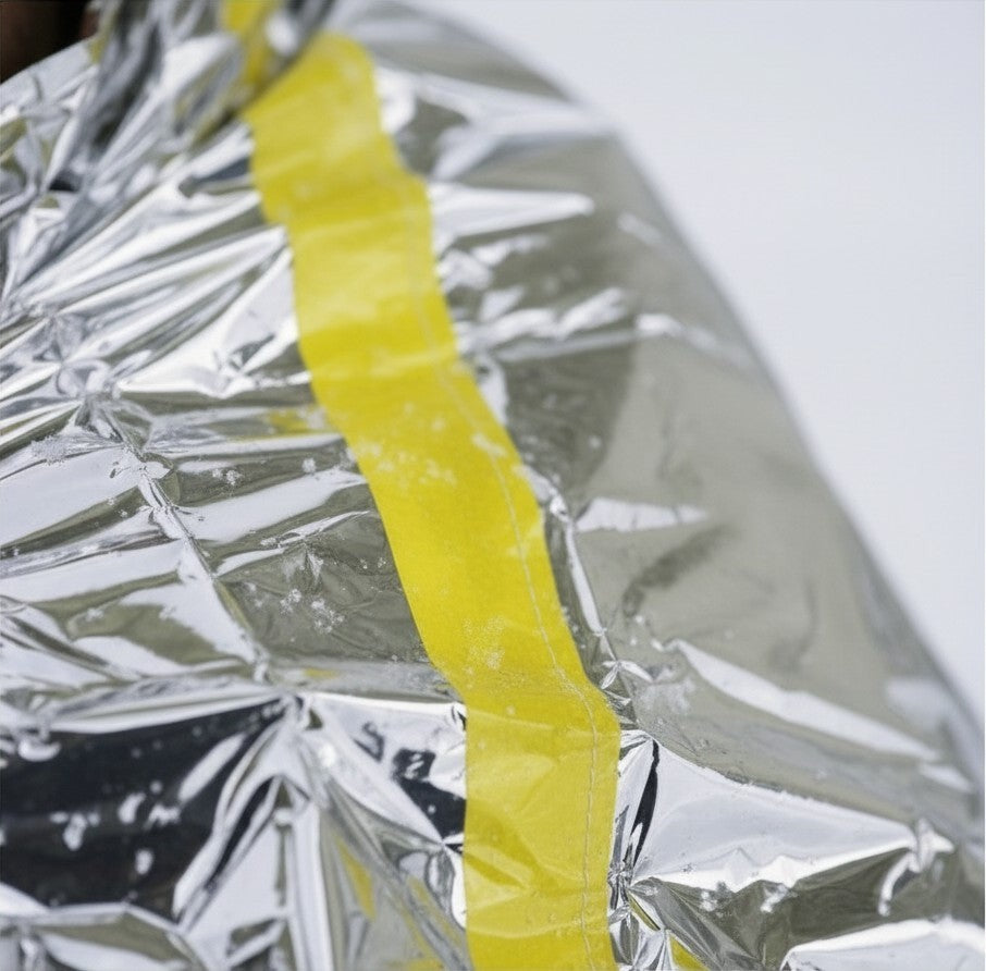 Saco de dormir de emergencia GERF SAFETY para 2 personas, fabricado en Mylar plateado reflectante con costuras reforzadas.