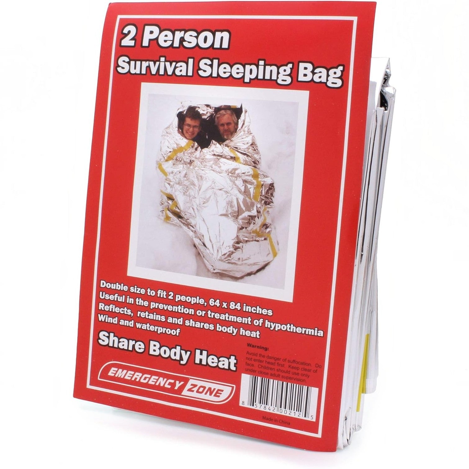 Saco de dormir de emergencia GERF SAFETY para 2 personas, fabricado en Mylar plateado reflectante y resistente.
