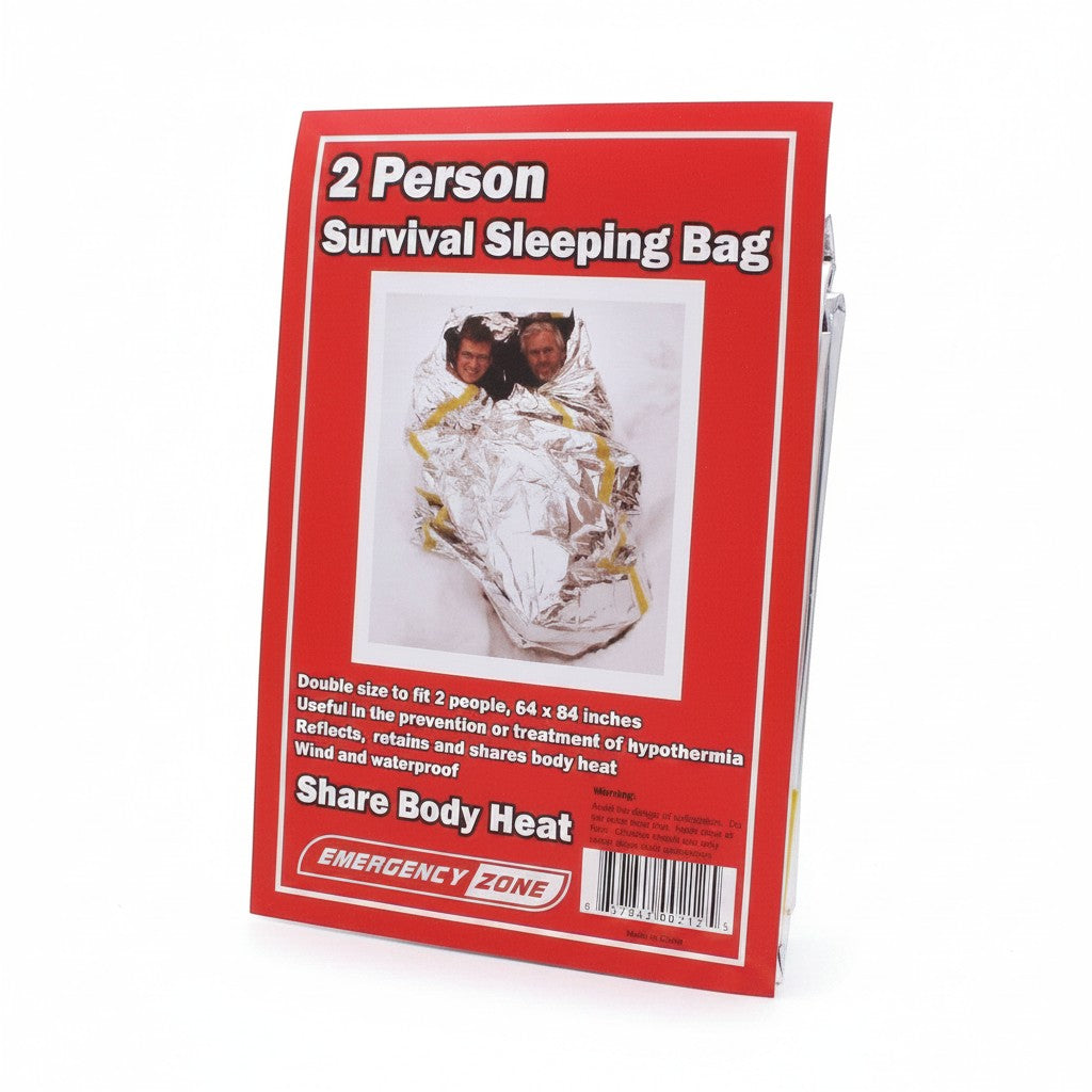 Saco de dormir de emergencia GERF SAFETY para 2 personas en Mylar plateado reflectante, compacto y resistente.