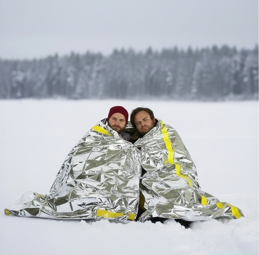 Dos personas envueltas en un saco de dormir de emergencia GERF SAFETY de Mylar plateado reflectante sobre la nieve.