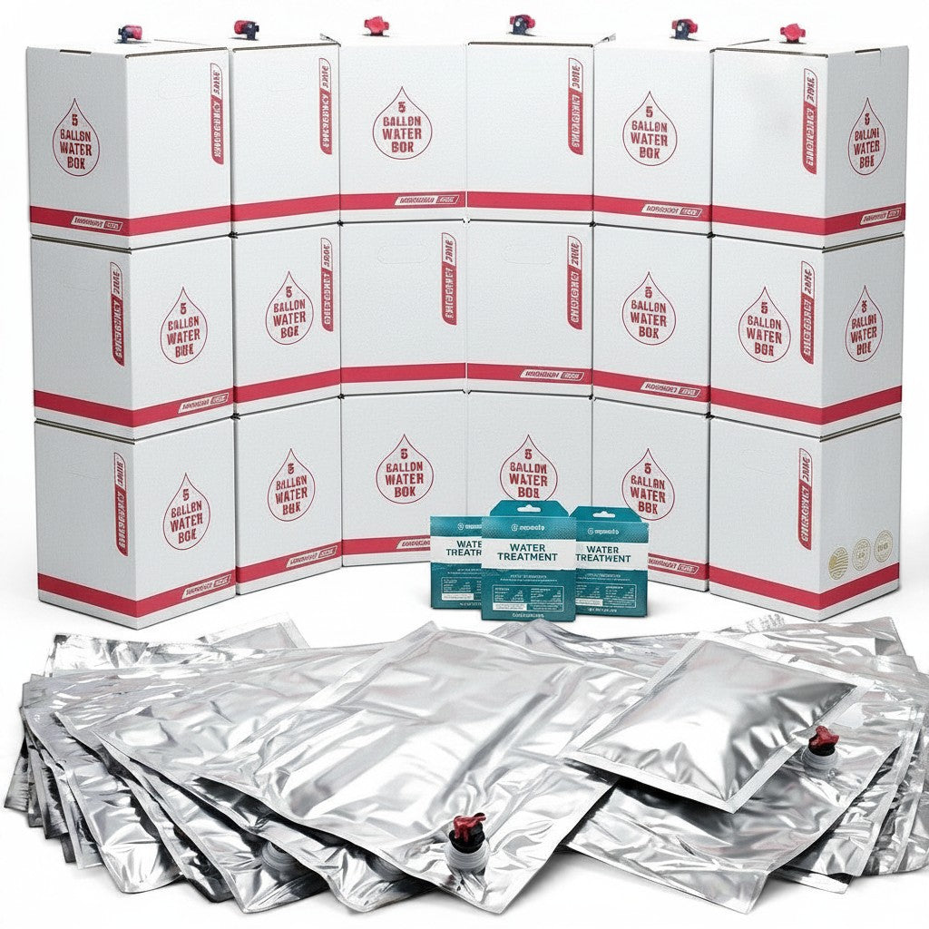 Sistema de almacenamiento de agua GERF SAFETY de 100 galones con cajas apilables, bolsas Mylar y tratamiento de agua.