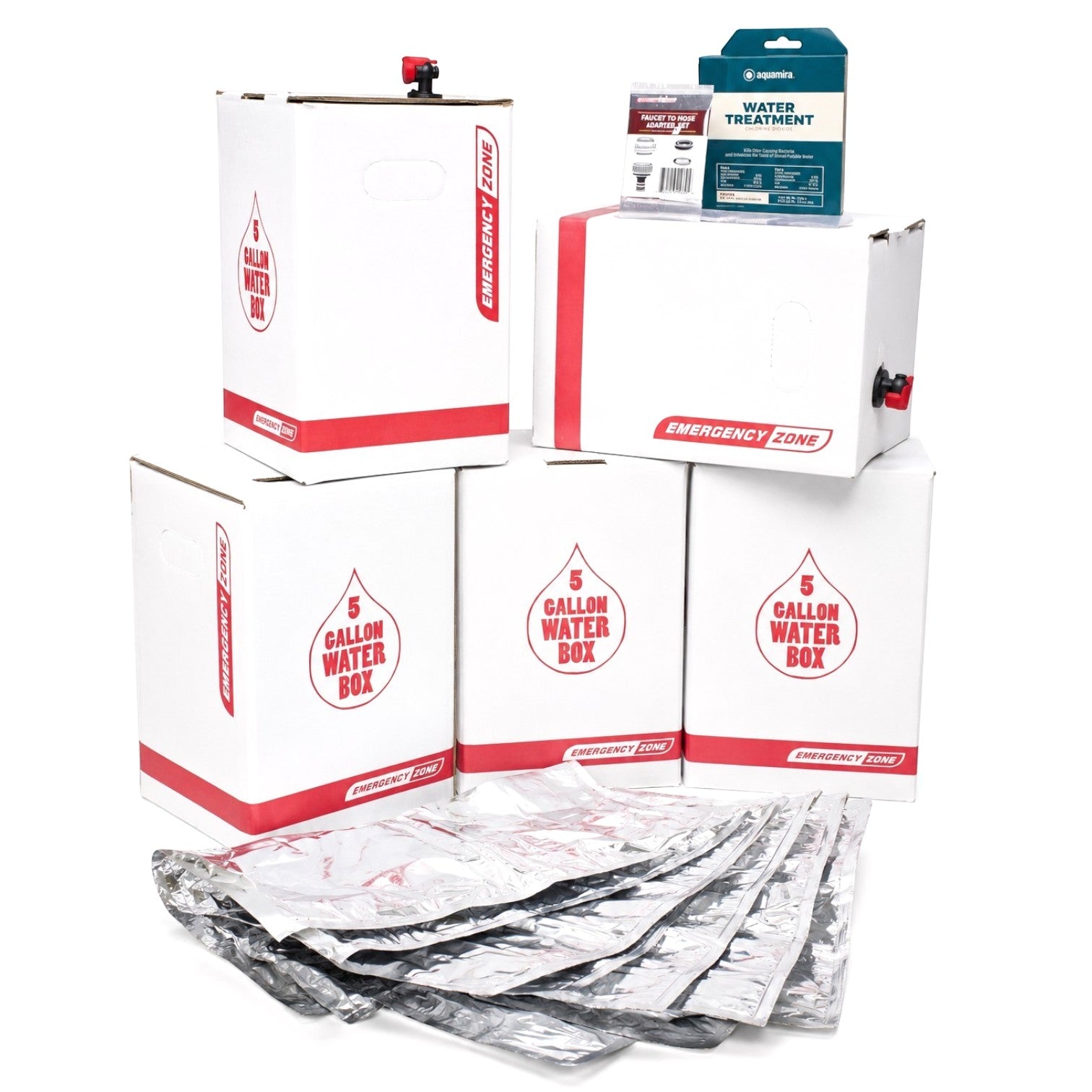 Sistema de almacenamiento de agua GERF SAFETY de 25 galones con 5 cajas apilables, bolsas Mylar y kit de tratamiento.