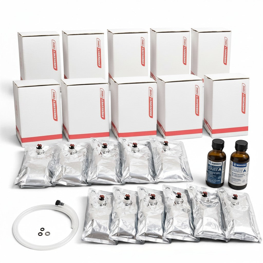 Sistema de almacenamiento de agua GERF SAFETY de 50 galones con bolsas Mylar, cajas apilables y tratamiento Aquamira.