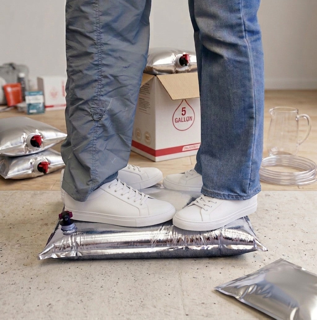 Sistema de almacenamiento de agua GERF SAFETY con bolsas Mylar resistentes y cajas apilables para emergencias.
