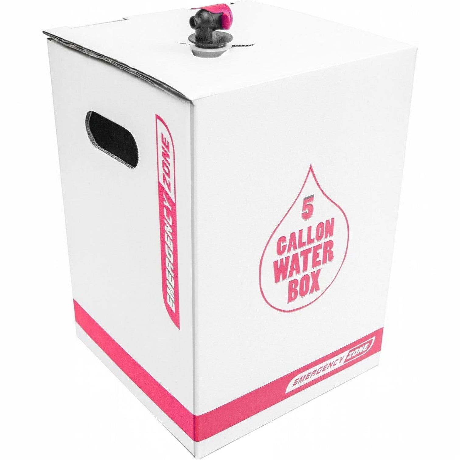 Sistema de almacenamiento de agua GERF SAFETY de 5 galones en caja blanca apilable con válvula dispensadora rosa