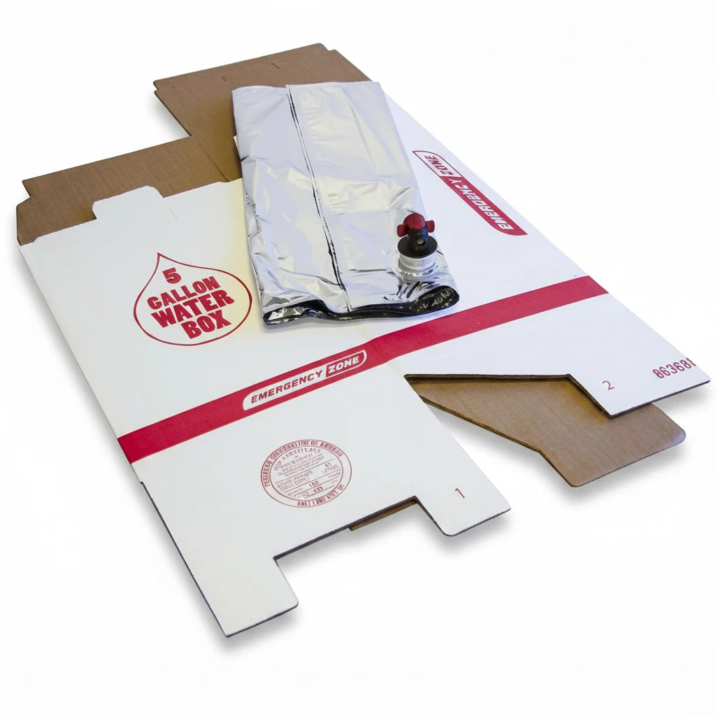 Sistema de almacenamiento de agua GERF SAFETY con caja de cartón apilable y bolsa Mylar de 5 galones para emergencias.