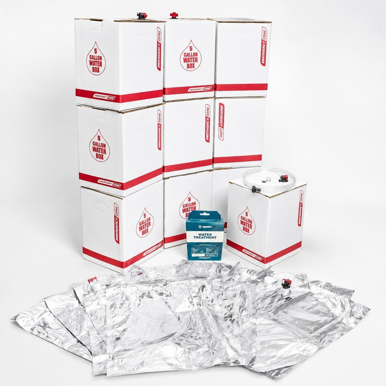 Sistema de almacenamiento de agua GERF SAFETY de 50 galones con cajas apilables, bolsas Mylar y tratamiento Aquamira.