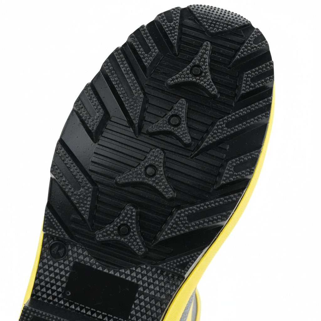 Suela de goma antideslizante de bota de bombero GERF SAFETY con diseño texturizado y borde amarillo
