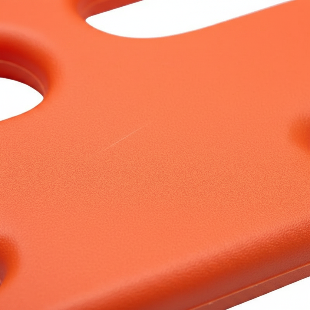 Detalle de la superficie naranja de polietileno de la tabla espinal flotante de rescate GERF SAFETY