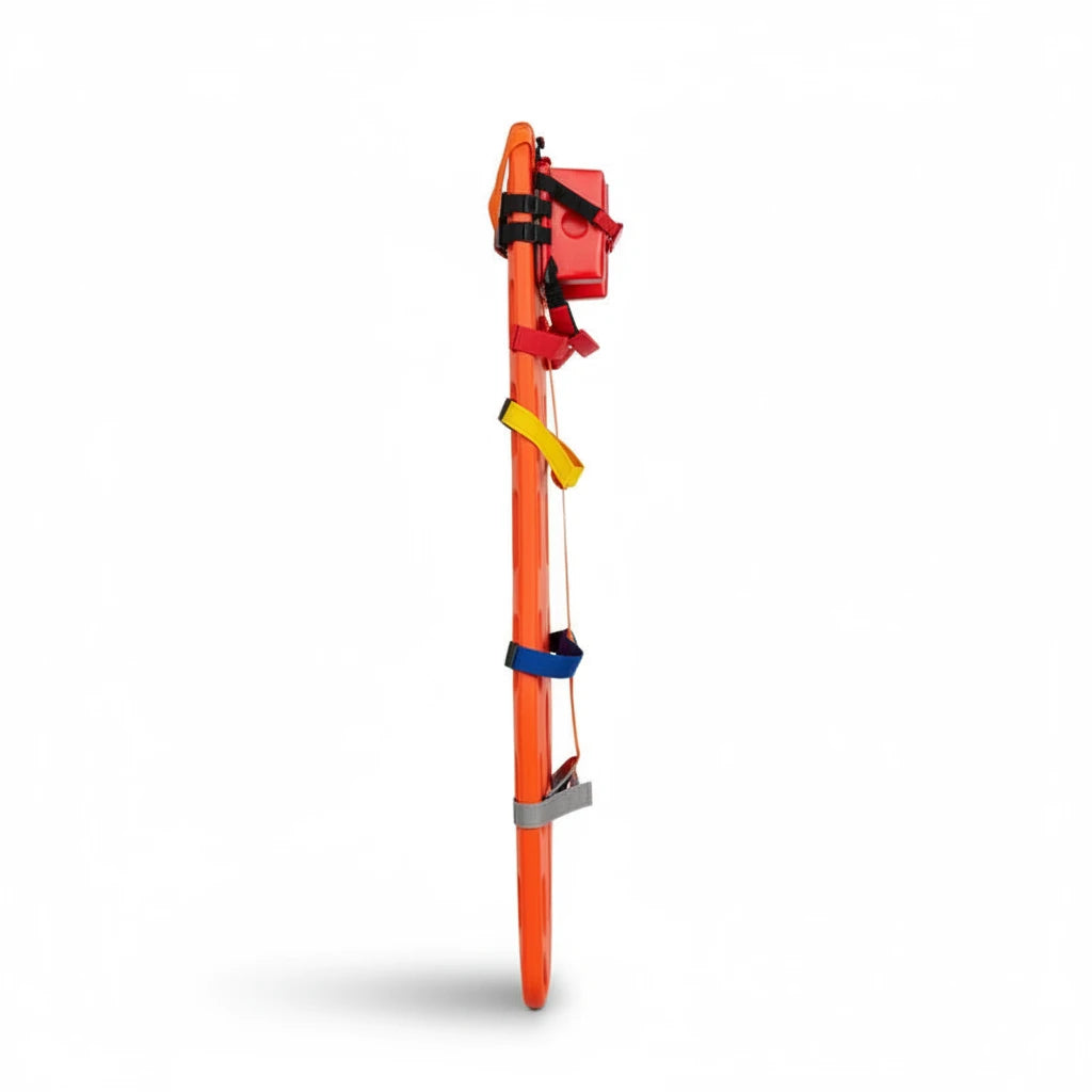 Tabla espinal flotante naranja GERF SAFETY de polietileno radiolúcido con correas de sujeción para rescate acuático.
