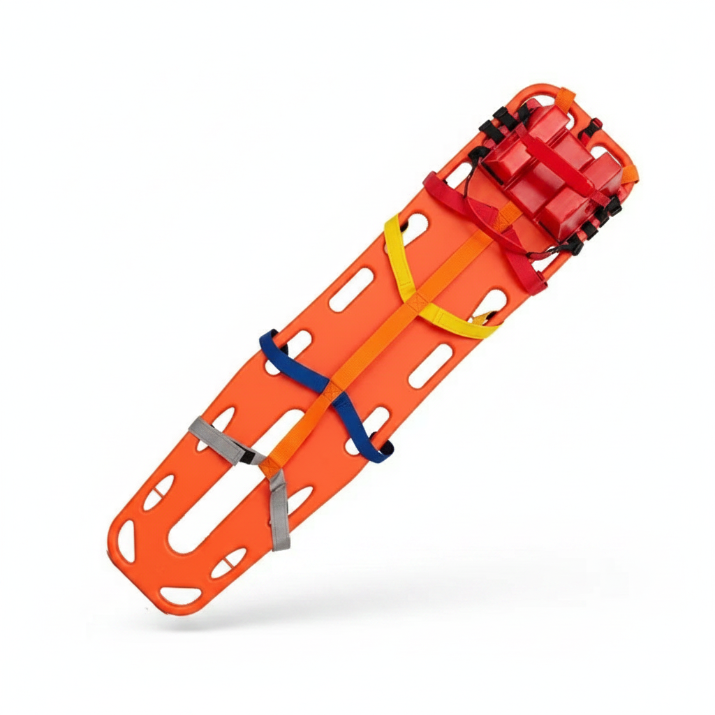 Tabla espinal flotante de rescate GERF SAFETY color naranja, fabricada en polietileno con correas de sujeción.