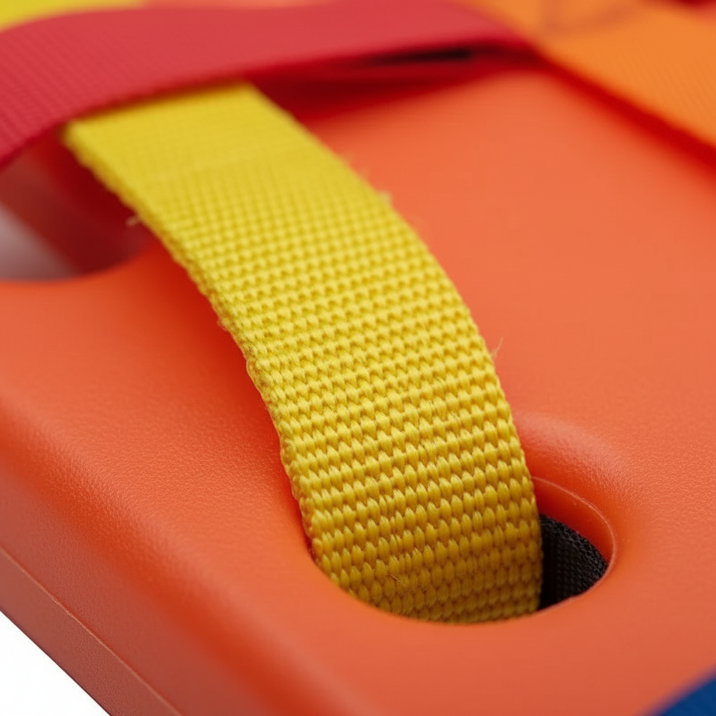Detalle de correas de sujeción amarillas y rojas en tabla espinal flotante naranja GERF SAFETY para rescate