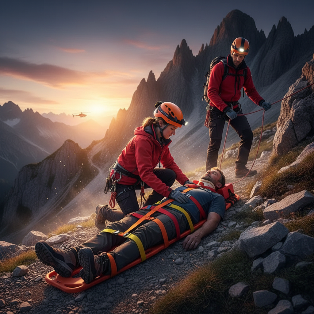 Rescatistas GERF SAFETY inmovilizan a un paciente en una tabla espinal flotante naranja durante una misión de montaña.